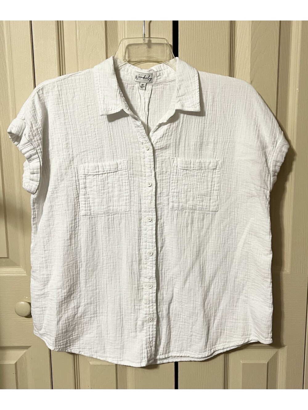 Wonderly Women's White Gauze Button Down Shirt Tunic Top M